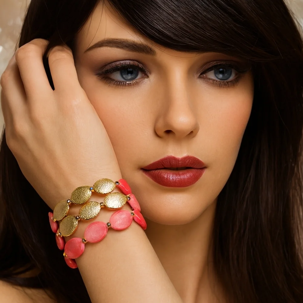 Set of 3 Textured Gold Tone Pink Shell Beaded Stretch Bracelets Stylish Jewelry